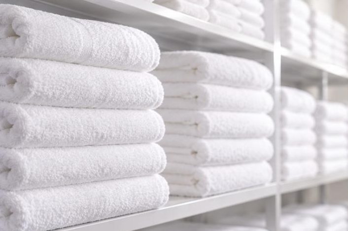 Stacks of clean white towels for commercial customers